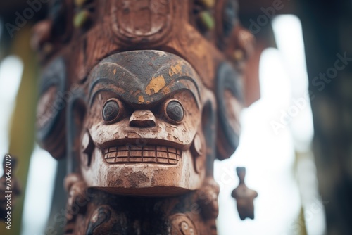 close-up of a totem with eerie carvings © Natalia