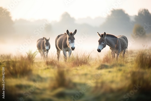 donkeys in a meadow with morning fog