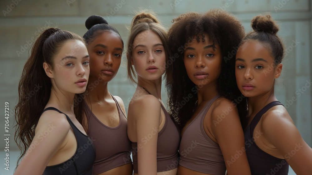 A diverse group of four young women in athletic wear confidently poses together, highlighting their unity and individual beauty against a modern backdrop