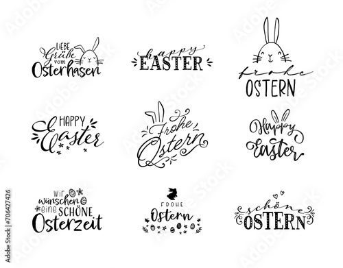 Collection of lovely hand drawn easter greetings with text in german "Happy Easter" cute hand drawn bunnies, eggs and decoration - vector design