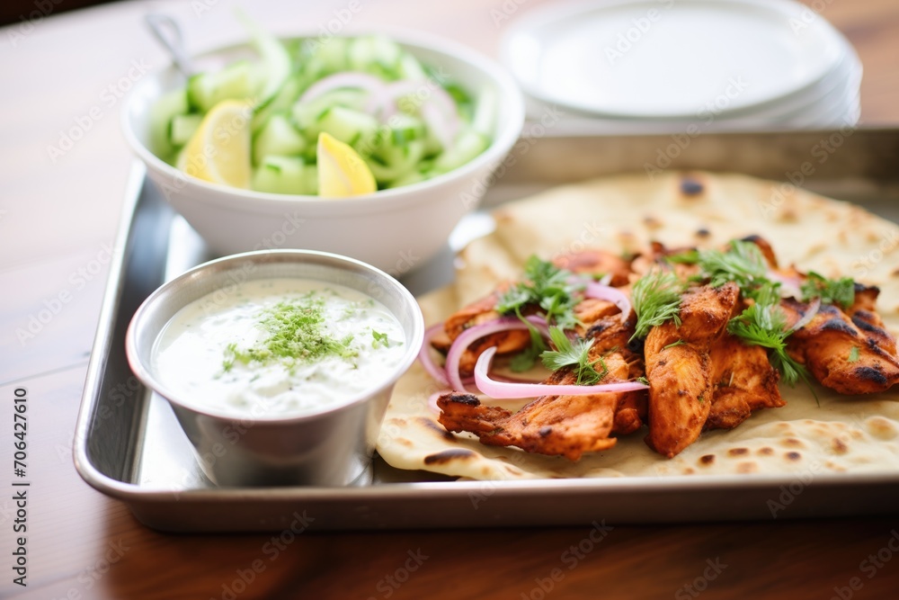 tandoori chicken with naan and cucumber raita on a tray tandoori chicken with naan and cucumber raita on a tray