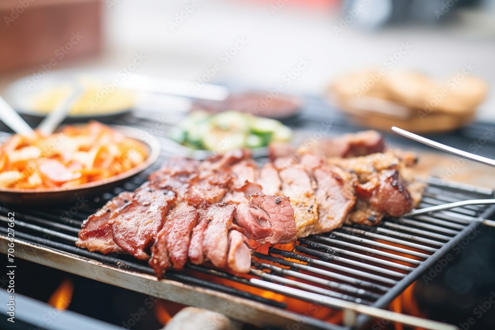 korean bbq meats on a grill with tongs and sauces