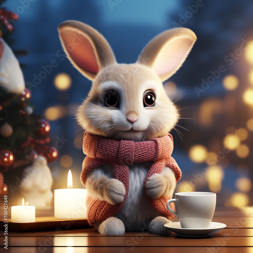  Cute Rabbit on shiny Christmas background. Happy Chinese new year 2024. Cute bunny rabbit with in vintage style. Greeting card template, banner. 3d illustration. 