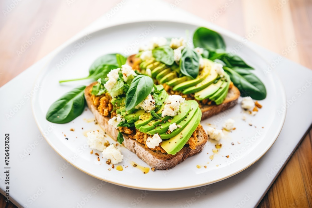 plate of avocado toast with feta cheese crumbles and basil leaves plate of avocado toast with feta cheese crumbles and basil leaves