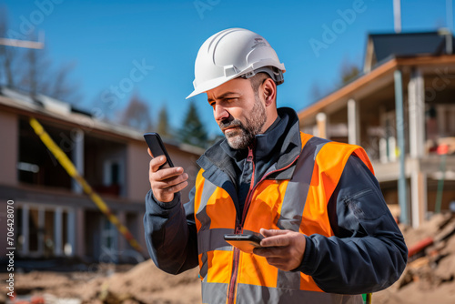 Diligent Construction Foreman Managing Site Via Smartphone, selective focus