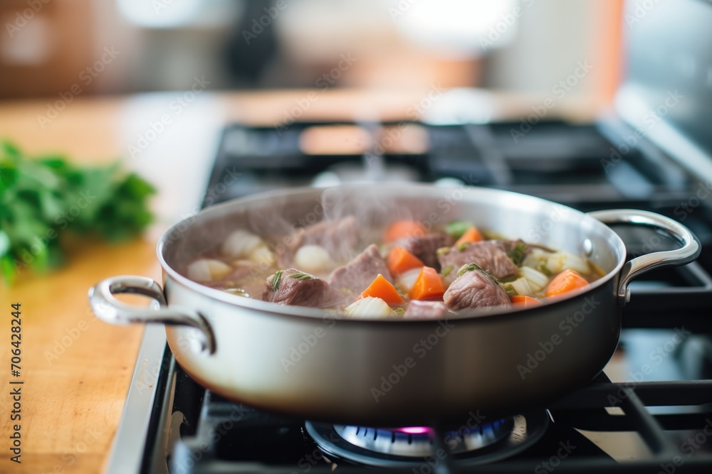 beef stew simmering on stove, pot lid askew beef stew simmering on stove, pot lid askew