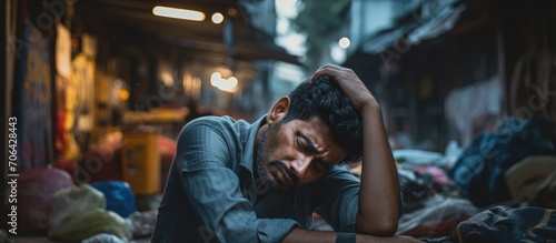 Indian person experiencing exhaustion, stress, and mental anguish resulting from fatigue, mistakes, debt, burnout, crisis, trauma, and cognitive strain. © AkuAku