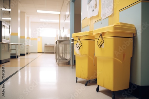 yellow biohazard bins in a medical facility hallway