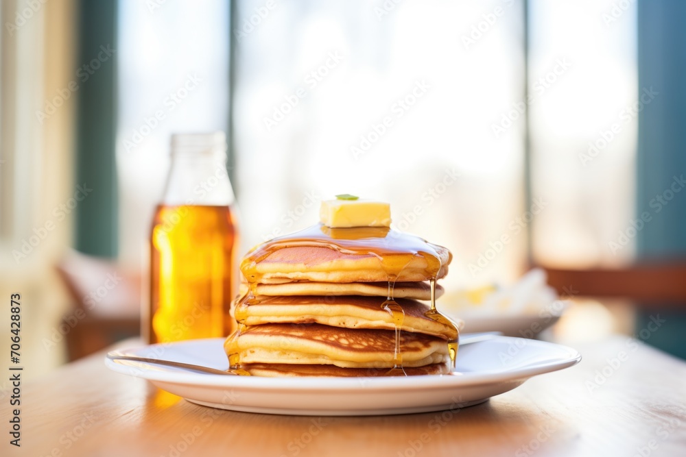stack of pancakes with maple syrup and butter - obrazy, fototapety, plakaty 