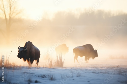 bisons breath visible in cold morning air