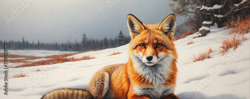 A lonely fox sitting alone on a snowy field, looking somewhere. winter scenery in the deep forest. Generative Ai
 photo