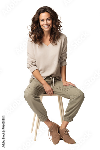 A woman in relaxed attire sitting on a stool Isolated