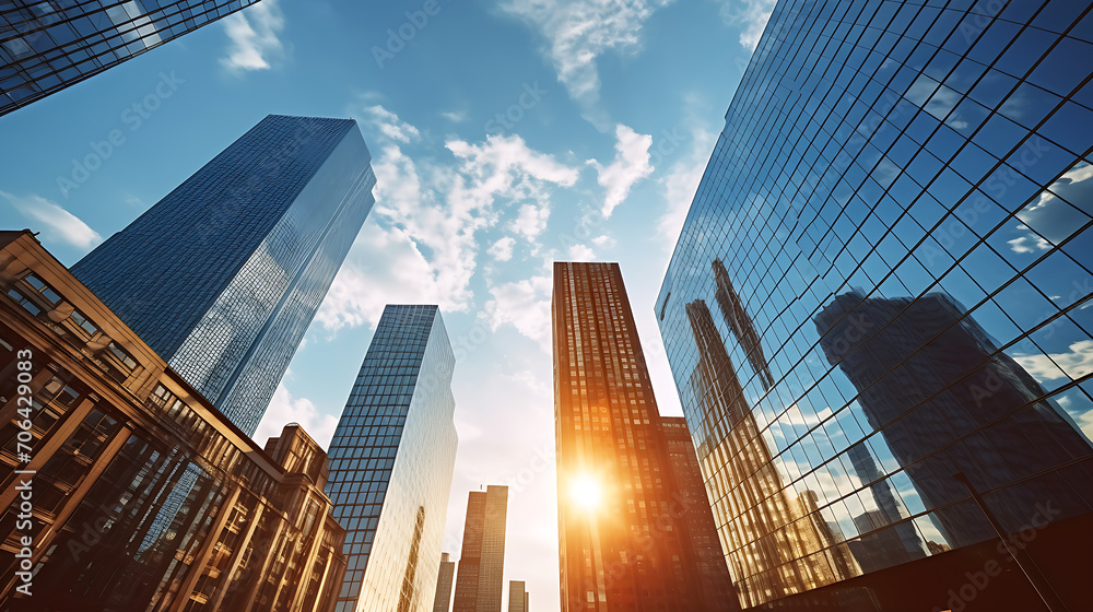 Fototapeta premium Low angle view of skyscrapers, hyperrealistic