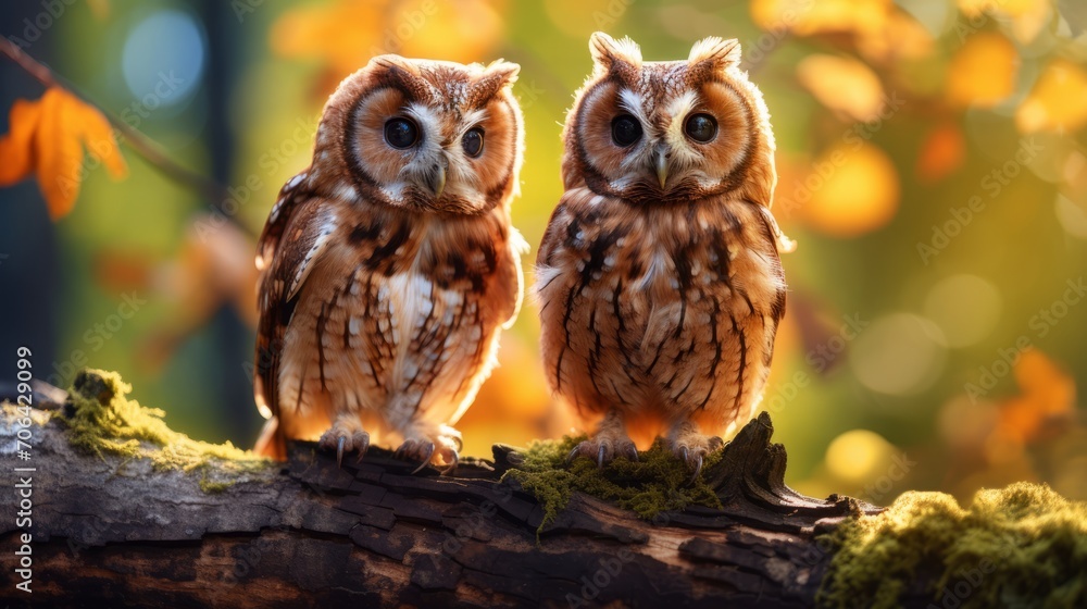 Enchanting duo: two owls perched on a majestic tree - stunning 8k hd wallpaper | stock photographic image Enchanting duo: two owls perched on a majestic tree - stunning 8k hd wallpaper | stock photographic image