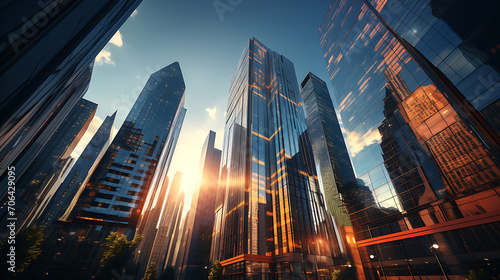 Low angle view of skyscrapers, hyperrealistic
