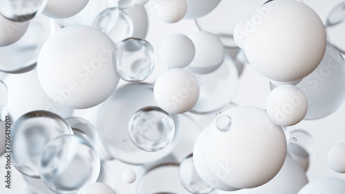 白と透明の球。抽象的な3Dの背景。