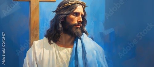 Jesus wearing blue and carrying a cross.