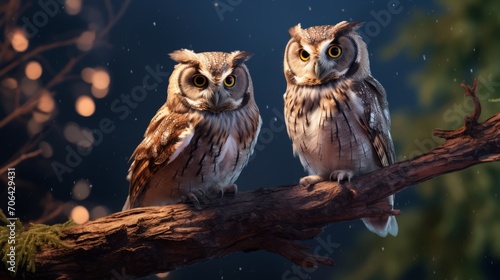 Enchanting duo: two owls perched on a majestic tree - stunning 8k hd wallpaper | stock photographic image photo