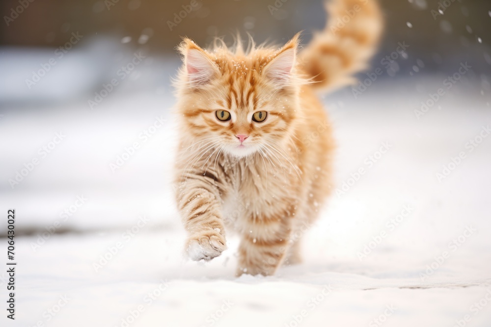 domestic cat pouncing in snow