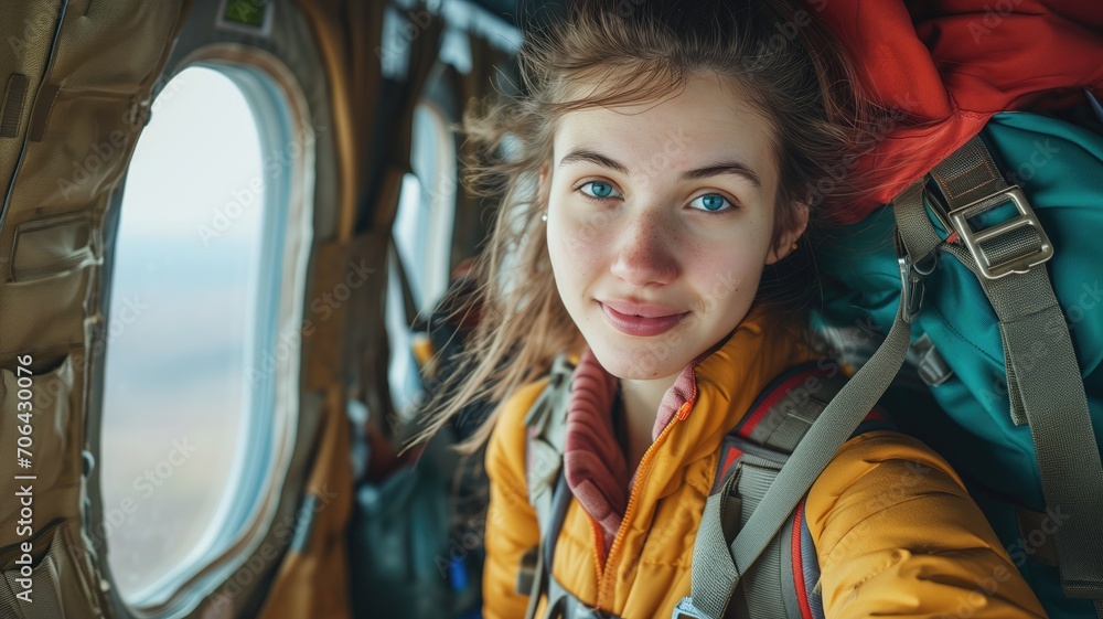 Young woman with backpack in a helicopter, ready for adventure Young woman with backpack in a helicopter, ready for adventure