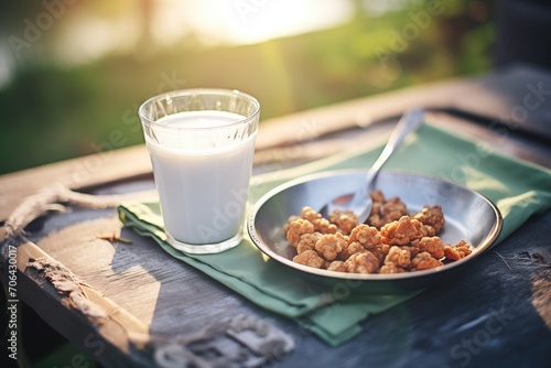 cereal with almond milk in outdoor morning light photo