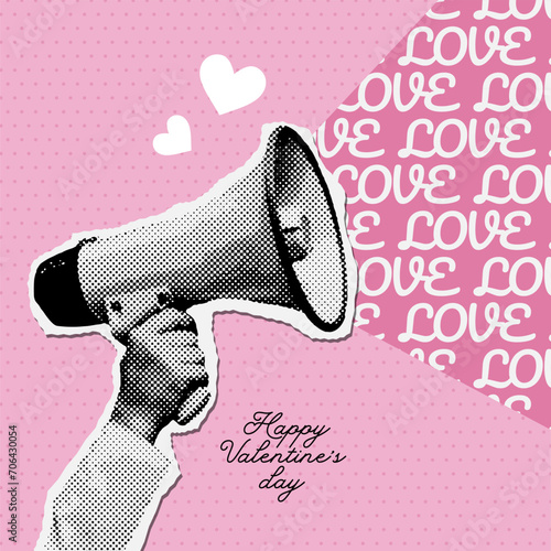 Happy Valentine's day square banner. Halftone megaphone, loudspeaker with love speech bauble. Collage with cut out symbols of Valentine's day. Vector illustration for party, posters, cards. photo