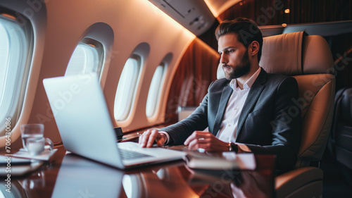 Businessman working on laptop in luxury private jet cabin photo