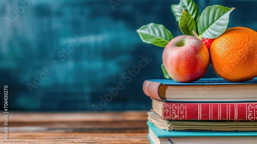 Books and fruit on wooden surface against a chalkboard