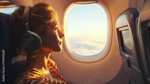 Woman with headphones at airplane window