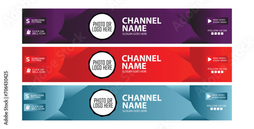 YouTube channel Horizontal banner with three different color combinations Red, Purple, and Aqua. social media banner design. vector template photo