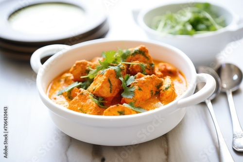 spicy chicken tikka masala in a white bowl with handle
