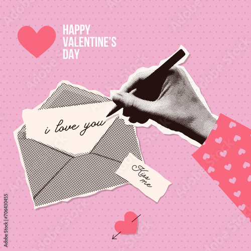 Valentines day halftone collage with hand writing a love letter. Romantic banner template. Trendy y2k style vector illustration