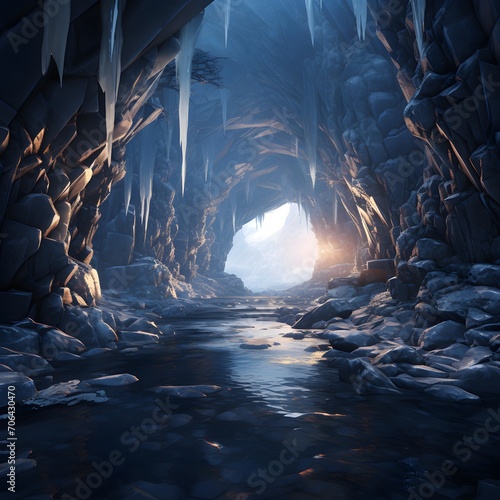 Fantasy Ice Cave. 3D illustration. 3D CG. High resolution.