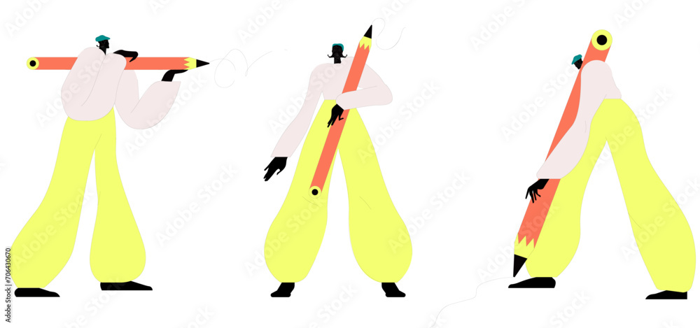 Woman with a large Pencil. Young person holding pencil. Cute funny isolated characters. Cartoon style. Hand drawn Vector illustration. Drawing, writing, creating, design, blogging concept. Woman with a large Pencil. Young person holding pencil. Cute funny isolated characters. Cartoon style. Hand drawn Vector illustration. Drawing, writing, creating, design, blogging concept.