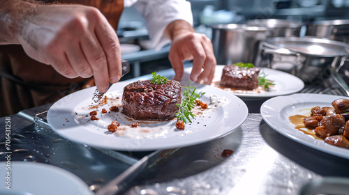 Chef preparing a dish of lamb meat with vegetables on a white plate