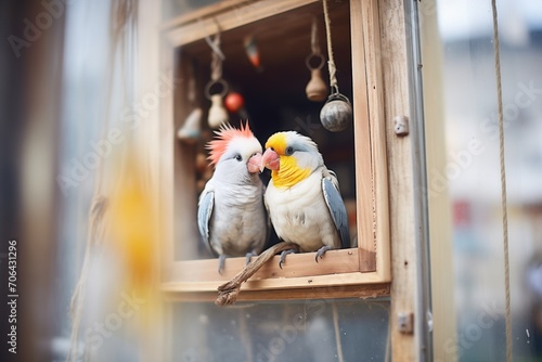 Fotótapéta cockatiel couple inside a nesting box in aviary