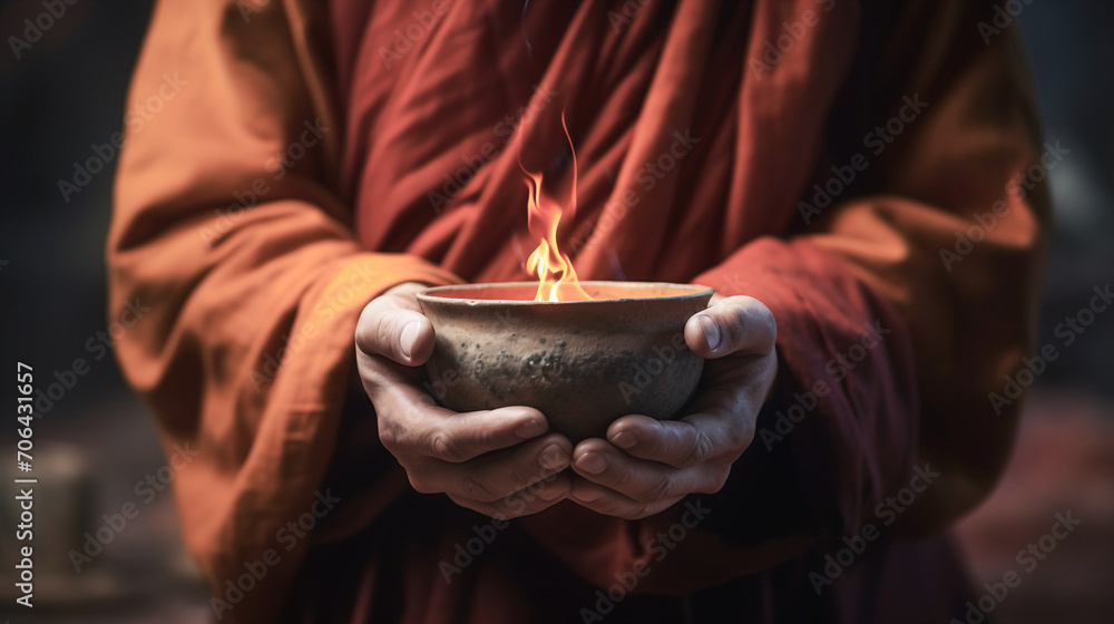 Manos de Monje con cuenco tibetano y fuego practicando budismo. Monje budista practicando una oración.  - obrazy, fototapety, plakaty 