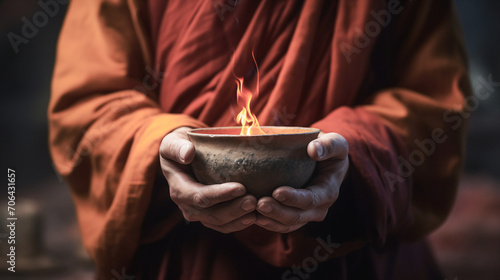 Manos de Monje con cuenco tibetano y fuego practicando budismo. Monje budista practicando una oración. 