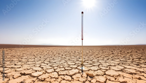Image of a mercury thermometer planted on the ground in a desert with the scorching sun. Reference to climate change.