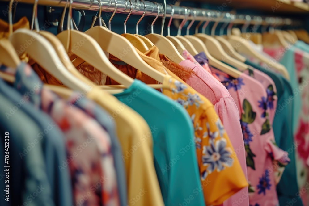 Colorful shirts hanging on a clothes rack. Perfect for fashion and retail concepts Colorful shirts hanging on a clothes rack. Perfect for fashion and retail concepts