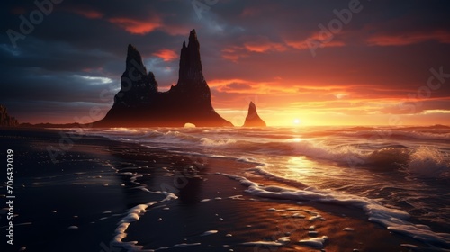 Mesmerizing summer sunset at reynisdrangar cliffs, iceland - black sand beach beauty in vik, europe - nature's spectacle on the atlantic ocean