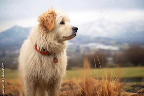 pyrenean mountain dog overlooking a snowy pasture photo