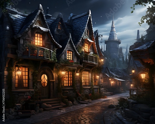 Old wooden houses in the village at night with moonlight and fog