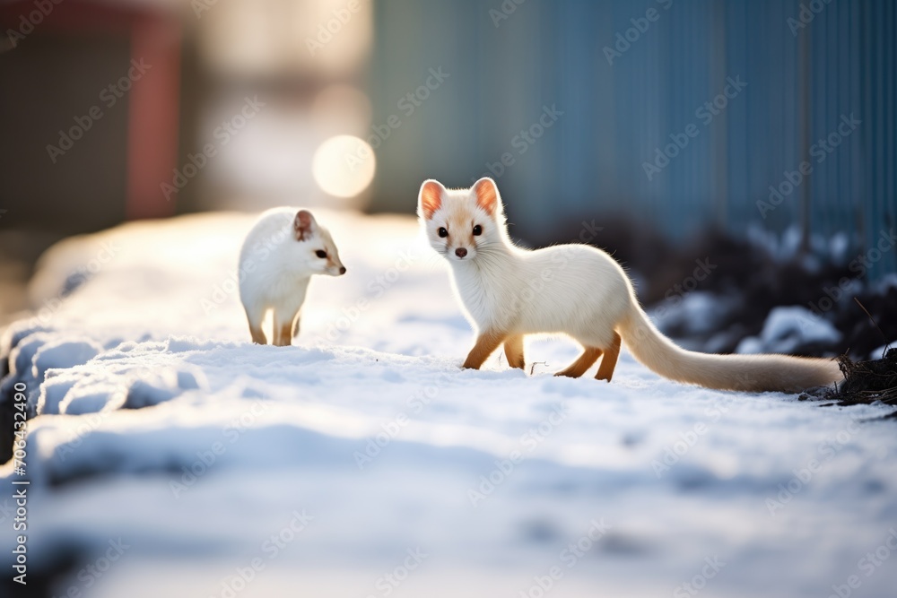 lone ermine on snowy path with shadow stretched lone ermine on snowy path with shadow stretched