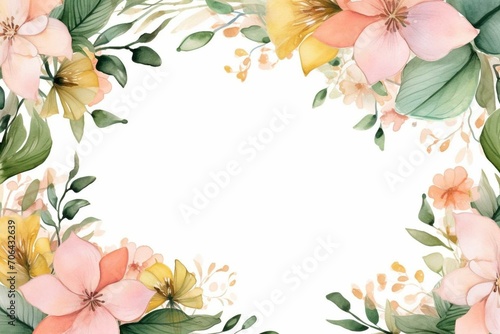 Watercolor floral illustration with a leaf frame border in green  blush pink  and yellow. Perfect for wedding stationary  greetings  wallpapers  fashion  and backgrounds. Generative AI