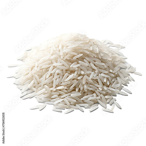 Pile of raw elongated white rice, isolated on transparent background.