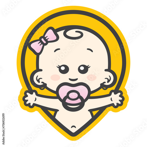 Vector yellow map pin icon with an image of a waving baby girl with a pacifier in his mouth. Isolated on white background