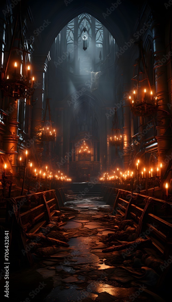 Mysterious dark church interior with glowing candles. 3D Rendering