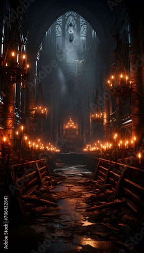 Mysterious dark church interior with glowing candles. 3D Rendering © I