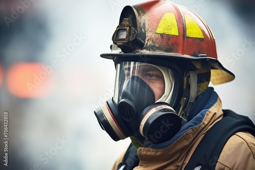 firefighter wearing protective mask amidst smoke photo